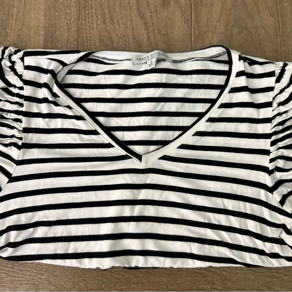Green Envelope Black and White Striped V-Neck Tee